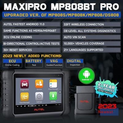 Autel MaxiPRO MP808BT Pro Kit with OBDII Adapters Support 3000+ Bidirectional Support ECU Coding, 30+ Services 150 Makes, FCA AutoAuth